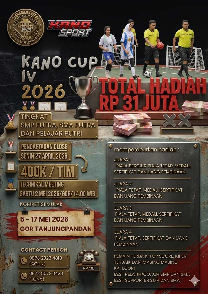 Segera daftarkan Team anda Turnamen Futsal Pelajar KANOCUP 4 akan dimajukan karena kuota peserta hampir Penuh.